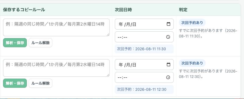 コピールール、次回日時、判定の入力欄