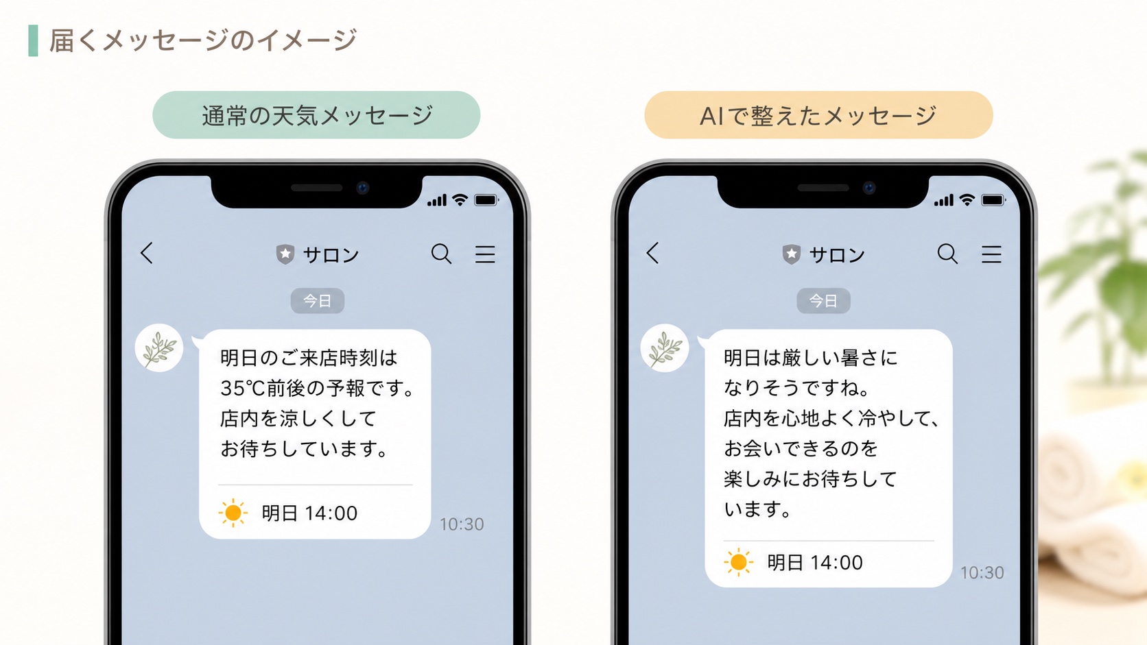 通常の天気メッセージとAIで整えたメッセージの受信画面比較